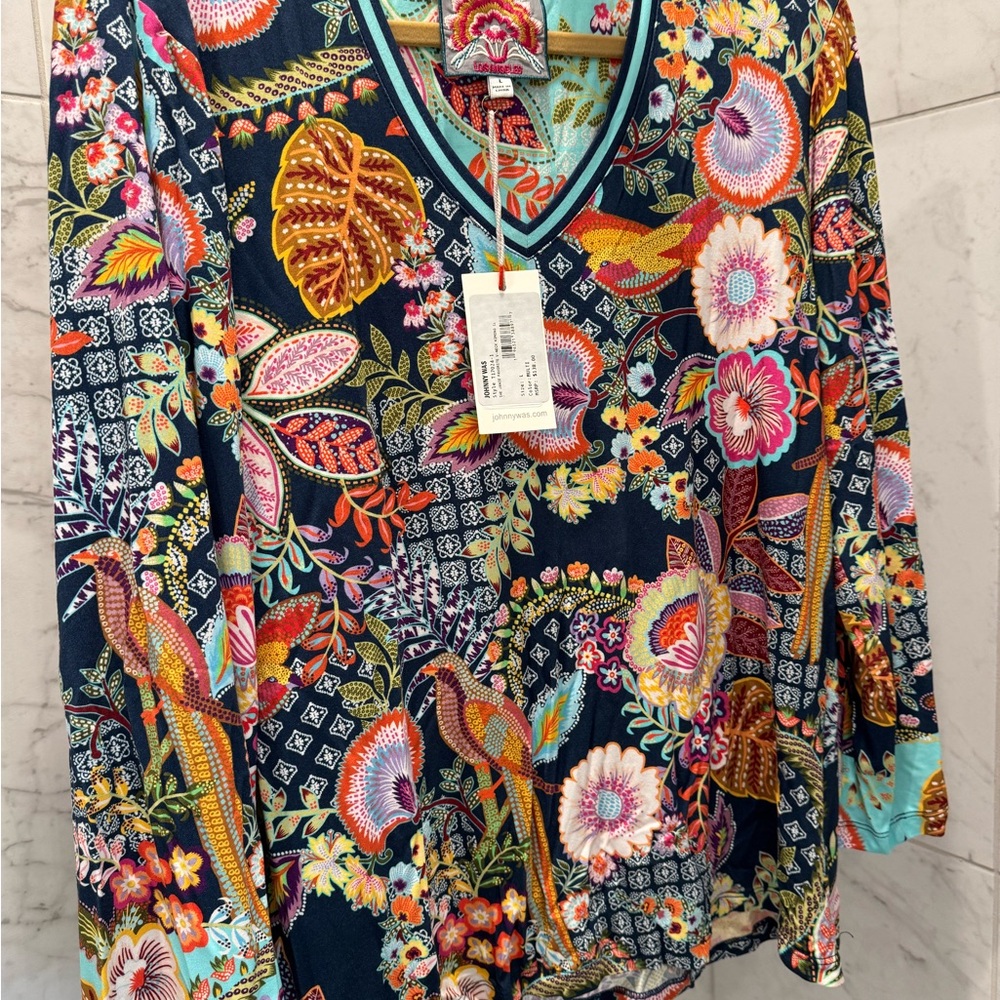 NWT Johnny Was Multicolor V Neck Kimono Sleeve Blouse Size Large